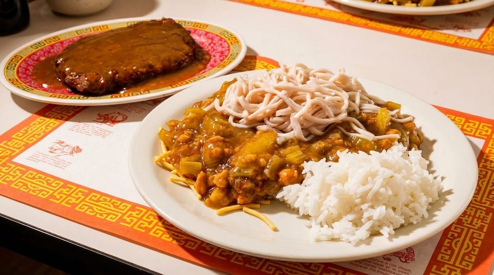 Plates of Chinese-American food, including chop suey with noodles and rice, and a steak with gravy.