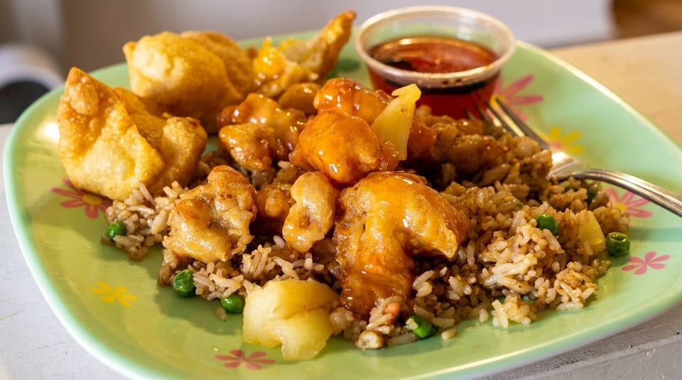 Sweet and sour chicken with fried rice, crab rangoons, and dipping sauce on a green floral plate.